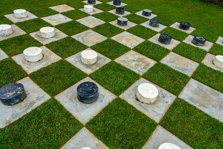 Outdoor chess set with stone pieces on grass and stone squares. Pieces are black and white, arranged on checkered pattern. Green lawn surrounds the entire game setup