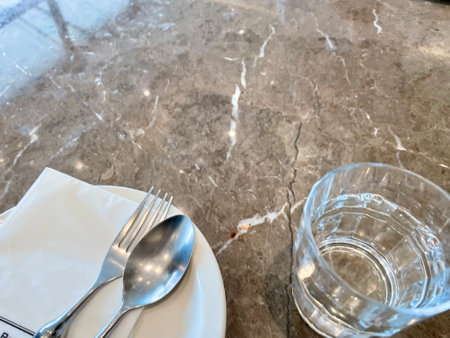 Empty plate and glass of water on table with copy space