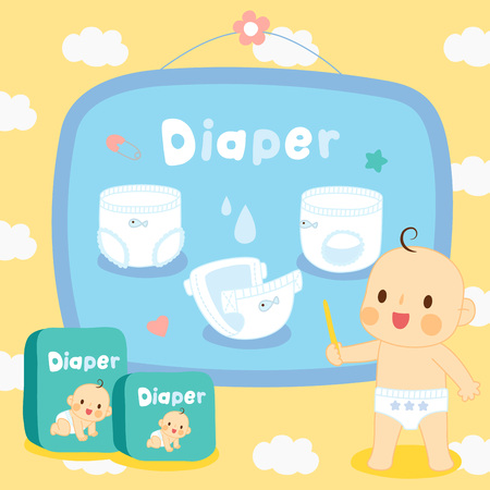 Set cute baby with diapers on pattern cloud.のイラスト素材