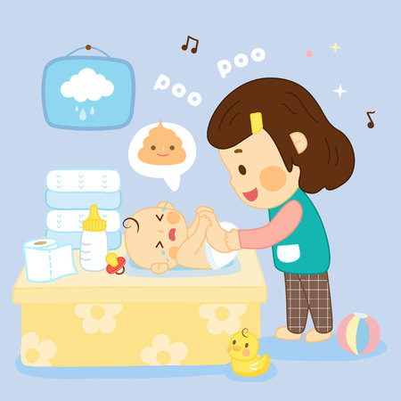 Mom change Diaper in baby roomのイラスト素材