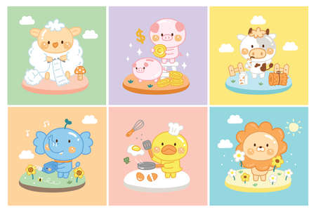 set cute animals.water the plants, cooking fried egg, drinking milk, knitting a scarf, drop money in the piggy bank.のイラスト素材
