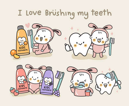 Happy kid wear rabbit suit brushing teeth, holding toothbrush and toothpaste.のイラスト素材