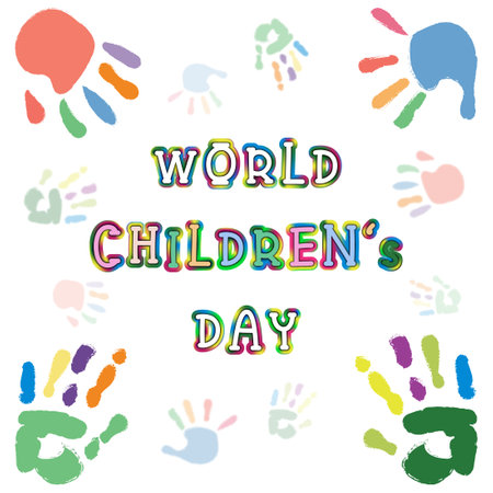 World Children's Day with handprints on white background. Vector illustration.のイラスト素材