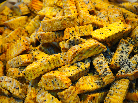 Fried taro for sale in a market of Thailandの写真素材
