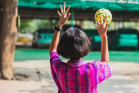 Students take exams Sepak Takraw to use head to touch the ball in Kanchanaburi Thailand.の写真素材