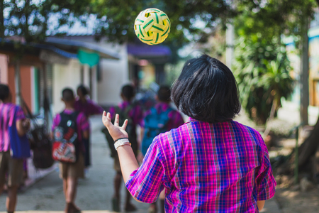 Students take exams Sepak Takraw to use head to touch the ball in Kanchanaburi Thailand.の写真素材