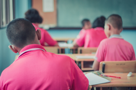 Students are studying in the elementary school classroom.