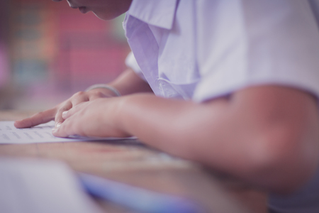 Thai Reading Examination between teacher and student grade 4 Outside the classroom  in primary school.の写真素材