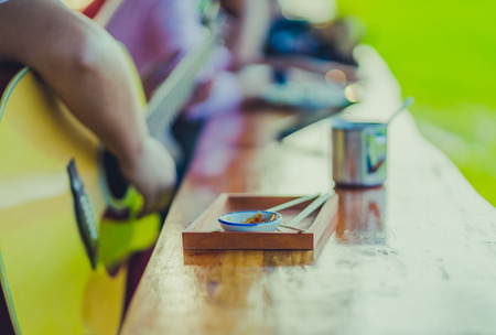 Hapiness couple relax after work before sunset  at resting place for farmer on rice terrace.の写真素材