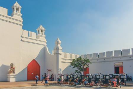KANCHANABURI,THAILAND-DECEMBER 10 : Old wooden carts Waiting for tourists on December 10,2017 at  Mallika City (historic site) in Kanchanaburi, Thailand.のeditorial素材
