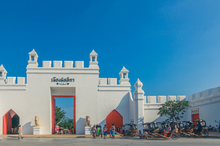 KANCHANABURI,THAILAND-DECEMBER 10 : Old wooden carts Waiting for tourists on December 10,2017 at  Mallika City (historic site) in Kanchanaburi, Thailand.のeditorial素材