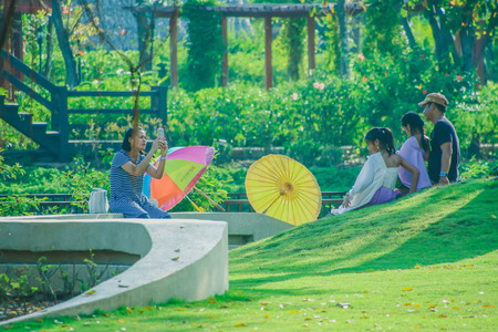 KANCHANABURI,THAILAND-DECEMBER 10 : Unidentified tourists in Thai costumes take photos of themselves  on December 10,2017 at  Mallika City (Mallika City or Muang Mallika is a historic site) in Kanchanaburi, Thailand.のeditorial素材