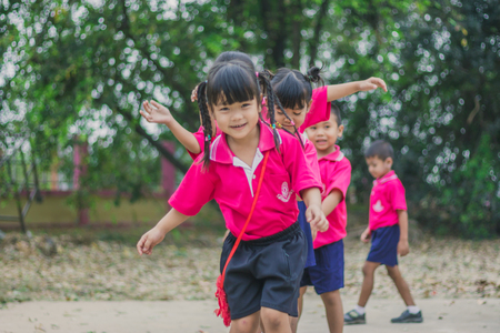 KANCHANABURI THAILAND - FEBRUARY 23 : Unidentified kids exercise in the morning before class on february 23,2018 at Wat Krang Thong School in Kanchanaburi, Thailandのeditorial素材