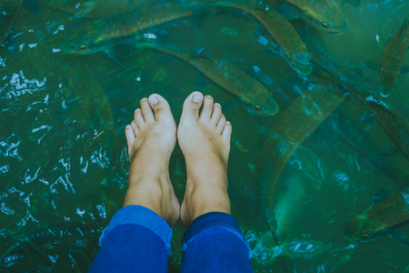 Fish spa, clean foot, healthcare concept with child at Arawan waterfall Kanchanaburi, Thailandの写真素材