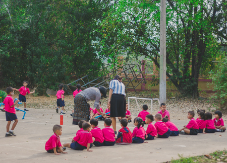 KANCHANABURI THAILAND - FEBRUARY 23 : Unidentified kids exercise in the morning before class on february 23,2018 at Wat Krang Thong School in Kanchanaburi, Thailandのeditorial素材