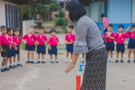 KANCHANABURI THAILAND - FEBRUARY 23 : Unidentified kids exercise in the morning before class on february 23,2018 at Wat Krang Thong School in Kanchanaburi, Thailandのeditorial素材