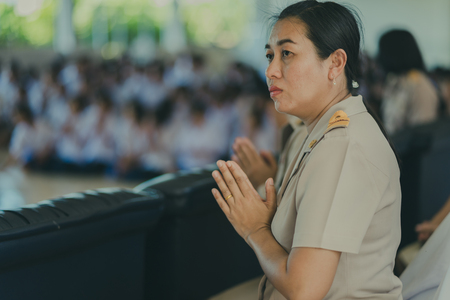 KANCHANABURI THAILAND - JUNE 14 : Unidentified teachers and students make merit to the monks on the Teacher Day on June 14,2018 at Watkrangthongratburana school in Kanchanaburi, Thailandのeditorial素材