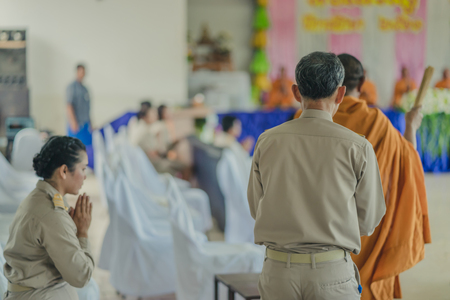 KANCHANABURI THAILAND - JUNE 14 : Unidentified teachers and students make merit to the monks on the Teacher Day on June 14,2018 at Watkrangthongratburana school in Kanchanaburi, Thailandのeditorial素材