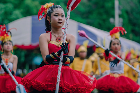 KANCHANABURI THAILAND - JULY 18 : Unidentified Drum major and parades are ready to athletic game opening on July 18,2018 at Nongthabong School in Kanchanaburi, Thailandのeditorial素材