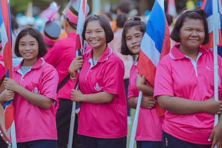 KANCHANABURI THAILAND - JULY 18 :  Parade, in athletic game opening day of primary student in the rain on July 18,2018 at Nongthabong School in Kanchanaburi, Thailandのeditorial素材