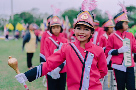 KANCHANABURI THAILAND - JULY 18 : Unidentified Drum major and parades are ready to athletic game opening on July 18,2018 at Nongthabong School in Kanchanaburi, Thailandのeditorial素材