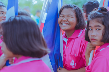 KANCHANABURI THAILAND - JULY 18 :  Parade on street, in athletic game opening day of primary student in the rain on July 18,2018 at Nongthabong School in Kanchanaburi, Thailandのeditorial素材