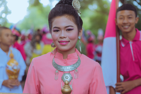 KANCHANABURI THAILAND - JULY 18 :  Parade on street, in athletic game opening day of primary student in the rain on July 18,2018 at Nongthabong School in Kanchanaburi, Thailandのeditorial素材
