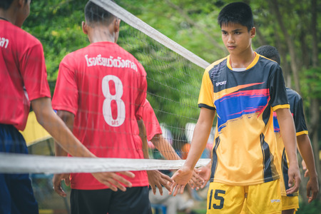 KANCHANABURI THAILAND - JULY 18 :   Unidentified students playing traditional asian sport game sepak takraw on July 18,2018 at Nongthabong School in Kanchanaburi, Thailandのeditorial素材