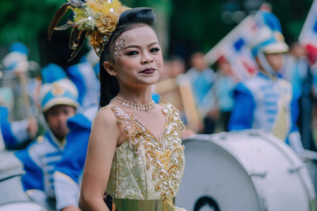 KANCHANABURI THAILAND - JULY 18 : Unidentified Drum major and parades are ready to athletic game opening on July 18,2018 at Nongthabong School in Kanchanaburi, Thailandのeditorial素材