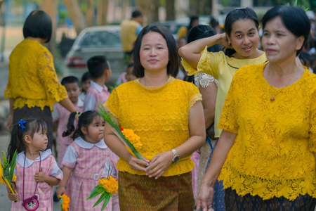 KANCHANABURI THAILAND - JULY 26 : Thai students in candle parade, Buddhist lent candle festival on July 26,2018 at Watkrangthongratburana school in Kanchanaburi, Thailandのeditorial素材