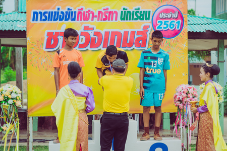 KANCHANABURI THAILAND - AUGUST 2 : The award ceremony of the school's athletic competition medal. on August 2,2018 at WatNongsua School in Kanchanaburi, Thailandのeditorial素材