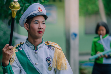 KANCHANABURI THAILAND - JULY 18 : Unidentified Drum major and parades are ready to athletic game opening on July 18,2018 at Nongthabong School in Kanchanaburi, Thailandのeditorial素材
