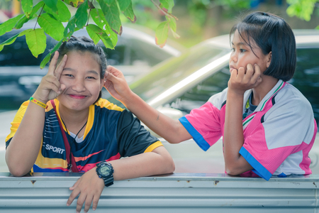 KANCHANABURI THAILAND - JULY 25 :  Unidentified Students relax after lunch on July 25,2018 at Nongthabong School in Kanchanaburi, Thailandのeditorial素材