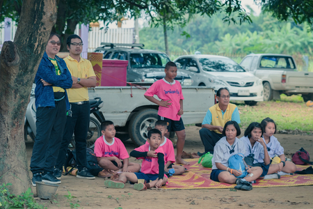 KANCHANABURI THAILAND - JULY 19 :  Unidentified Students and teachers are cheering for volleyball on July 19,2018 at Nongthabong School in Kanchanaburi, Thailandのeditorial素材
