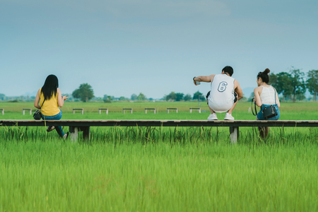 Asian people relax and take a photography on wooden bridge in the rice field in eveningの写真素材