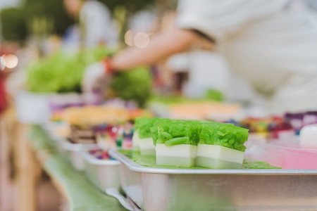 Colorful of Thai Jelly on aluminum tray for sale in street food. Beautiful fancy of Thai sweet desserts.の写真素材
