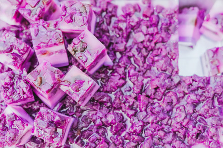 Colorful of Thai Jelly on aluminum tray for sale in street food. Beautiful fancy of Thai sweet desserts.の写真素材