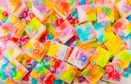 Colorful of Thai Jelly on aluminum tray for sale in street food. Beautiful fancy of Thai sweet desserts.の写真素材