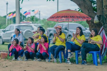 KANCHANABURI THAILAND - JULY 18 :  Unidentified Students and teachers are cheering for volleyball on July 18,2018 at Nongthabong School in Kanchanaburi, Thailandのeditorial素材