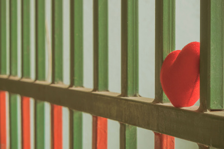 A little red heart pillow on a green steel fence.の写真素材