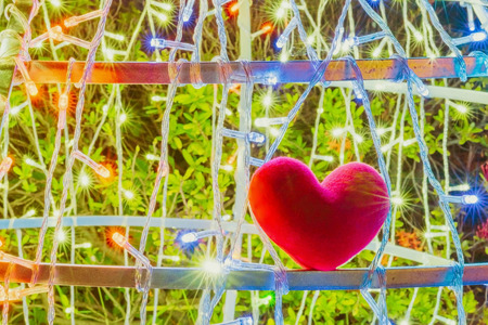A little red heart shape pillow on decorate colorful light bulbs in garden.の写真素材