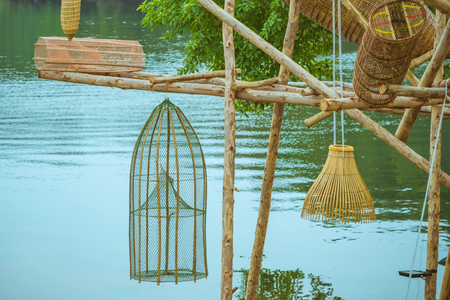 Ancient bamboo fish trap equipment of countryside, Thailandの写真素材