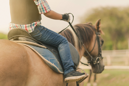 Kids learn to ride a horse near the river before sunset.の写真素材