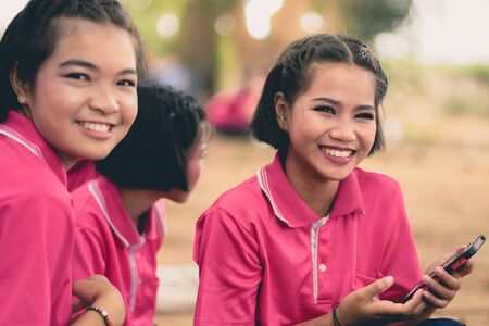 KANCHANABURI THAILAND - JULY 18 :  Unidentified Students relax after lunch on July 18,2018 at Nongthabong School in Kanchanaburi, Thailandのeditorial素材
