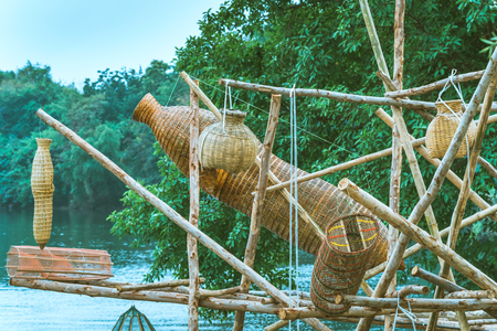 Ancient bamboo fish trap equipment of countryside, Thailandの写真素材