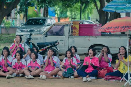 KANCHANABURI THAILAND - JULY 19 :  Unidentified Students and teachers are cheering for volleyball on July 19,2018 at Nongthabong School in Kanchanaburi, Thailandのeditorial素材