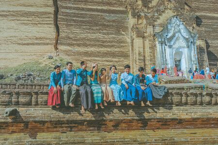 MINGUN-Myanmar, January 20, 2019 : Unidentified tourists come to visit and take photographs at the Ruined Mingun pagoda  (Unfinished pagoda in Mingun paya Temple) on january 20, 2019 in Mingun, Myanmar.のeditorial素材