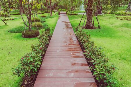 The reddish brown wooden walkway after rain in the garden.の写真素材