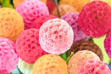 Close up to beautiful decoration artificial flower or faked flowers for sale at local market. Selective focusの写真素材