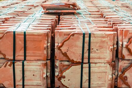 Close up to many pile of roof tiles traditional clay stack for a Buddhist Temple restoration in...